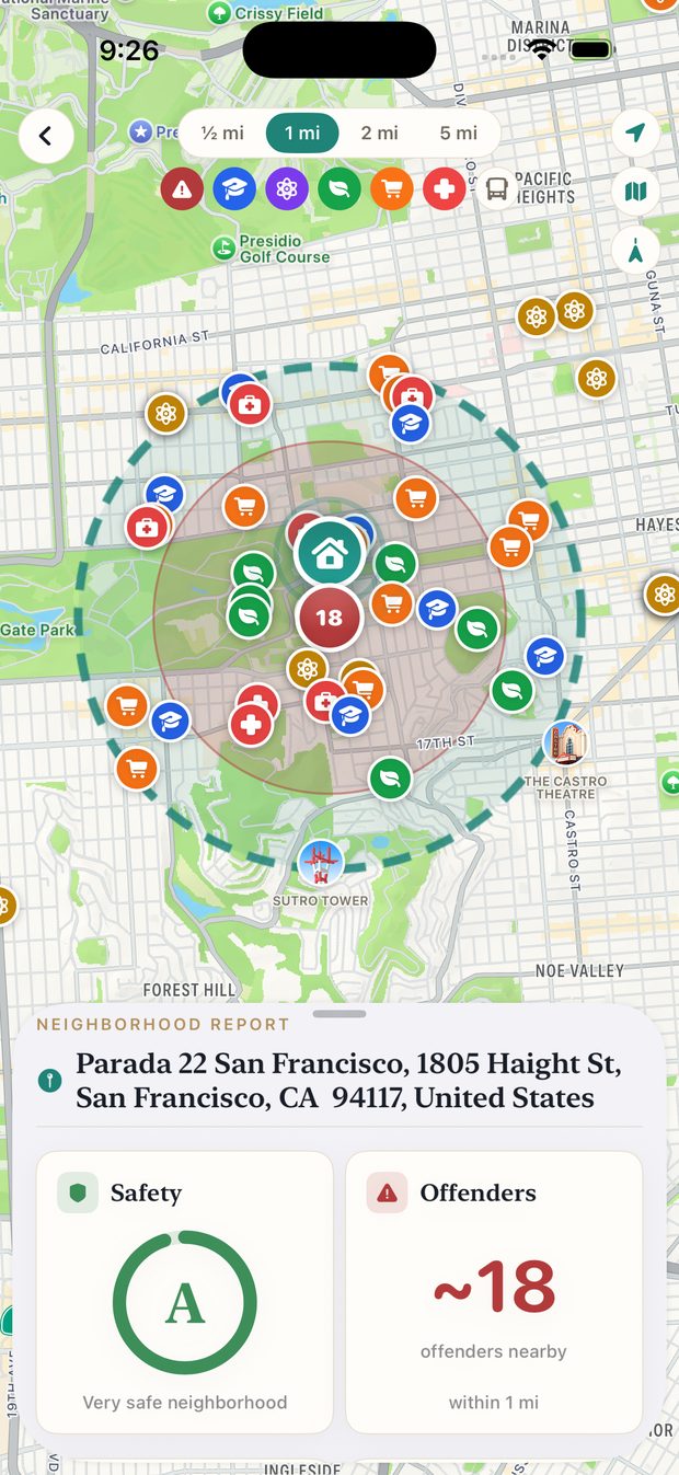 Map view with a one-mile radius, safety grade A, and 18 offenders nearby