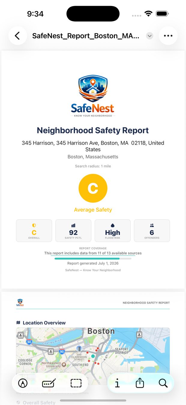 Exported SafeNest PDF safety report for a Boston address showing a C grade and high flood risk